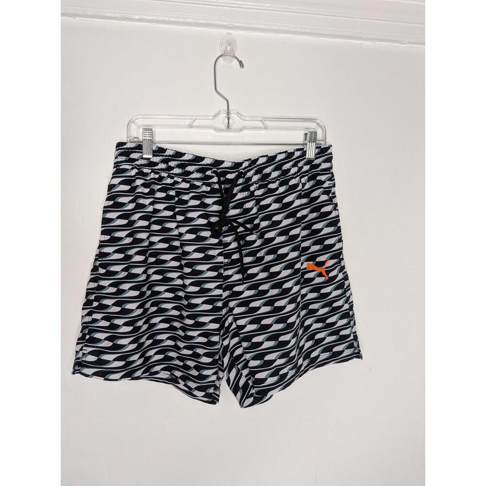 Puma Swim Shorts Mens Large Black Wave Stripe Elastic Waist Lined Trunks Pockets